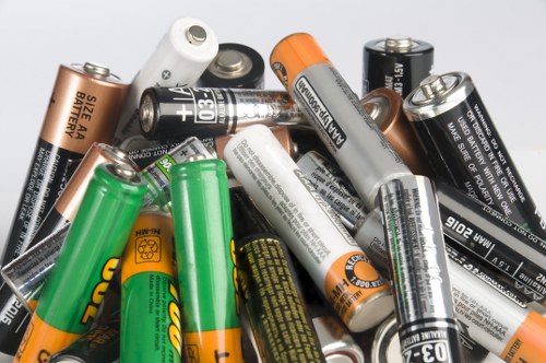 A close-up view of a pile of used batteries, including AA, AAA, and 9V sizes, in various colours such as green, black, silver, orange, and copper. The batteries are scattered on a plain surface, with some overlapping and others lying flat, showing labels and branding. The textures vary from smooth, shiny metal ends to matte plastic bodies. The image highlights the different materials and finishes typical of household batteries, emphasizing the importance of proper disposal and recycling. This visual is relevant for waste management services offered by Commercial Waste Palmers Green, situated in the N13 postcode area, providing rubbish removal solutions in the local area. The background appears neutral and unobtrusive, focusing solely on the batteries, which serve as a common example of household waste needing appropriate collection and disposal services in the Palmers Green community.