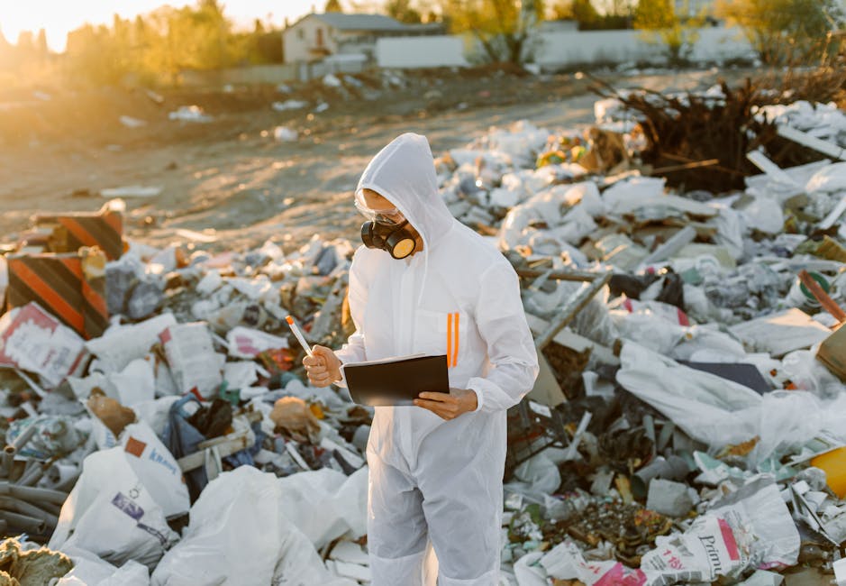 A person dressed in a white protective suit with orange accents, wearing a hood and safety goggles, stands amidst a large outdoor rubbish dump covered with white and multi-coloured waste bags, cardboa